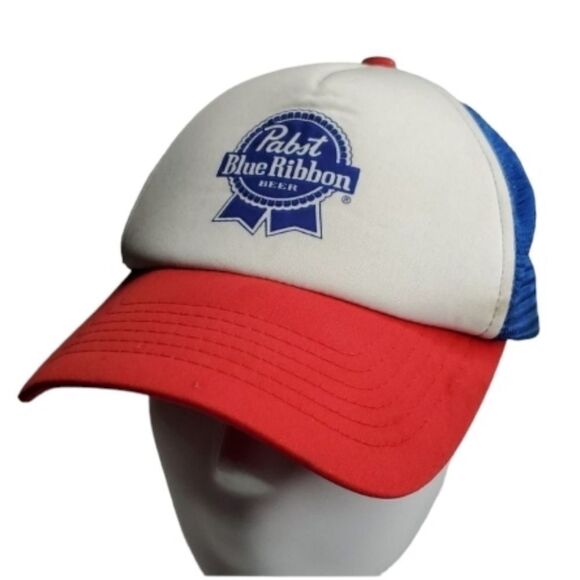 VINTAGE PBR PABST RED WHITE BLUE RIBBON MESH TRUCKER DAD HAT COSTUME CAP - Picture 1 of 8